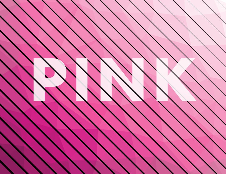 Background with geometric shapes of varying shades of pink from light (upper right) to dark (lower left), black lines of varying thickness over, and transparent white letters "PINK" centered horizontally and vertically.