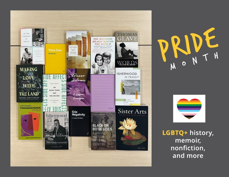 Fifteen books lay on a table in three staggered rows of five. Text: Pride Month: LGBTQ+ history, memoir, nonfiction, and more