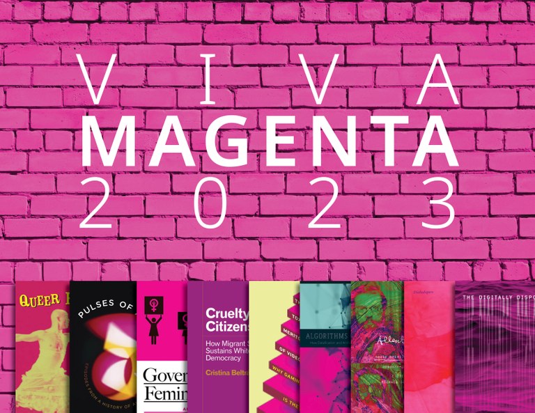 Bright magenta brick wall in background with several overlapping book covers with some form of magenta and title: "Viva Magenta 2023"