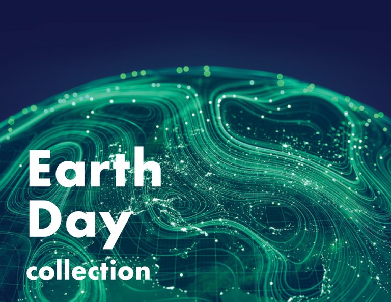 Earth Day collection in white font against digitized green earth and navy blue background.