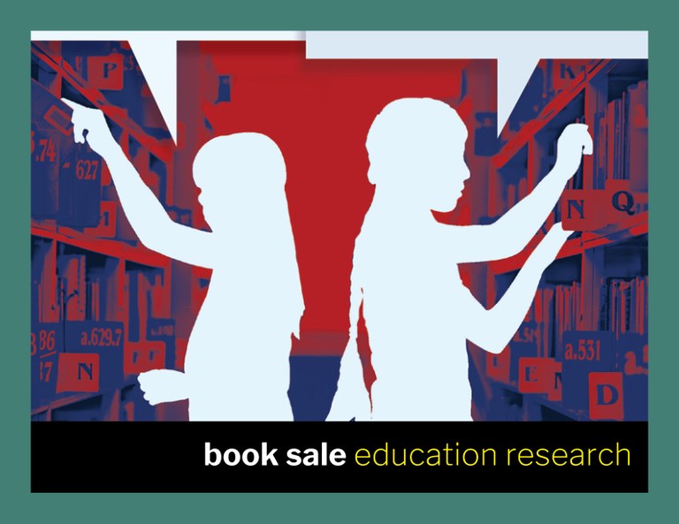 Crop of Ariana Mangual Figueroa's Knowing Silence: Light blue cutout silhouettes of two students among shelves in a red-hued library below. Text below: Book sale: Education Research.