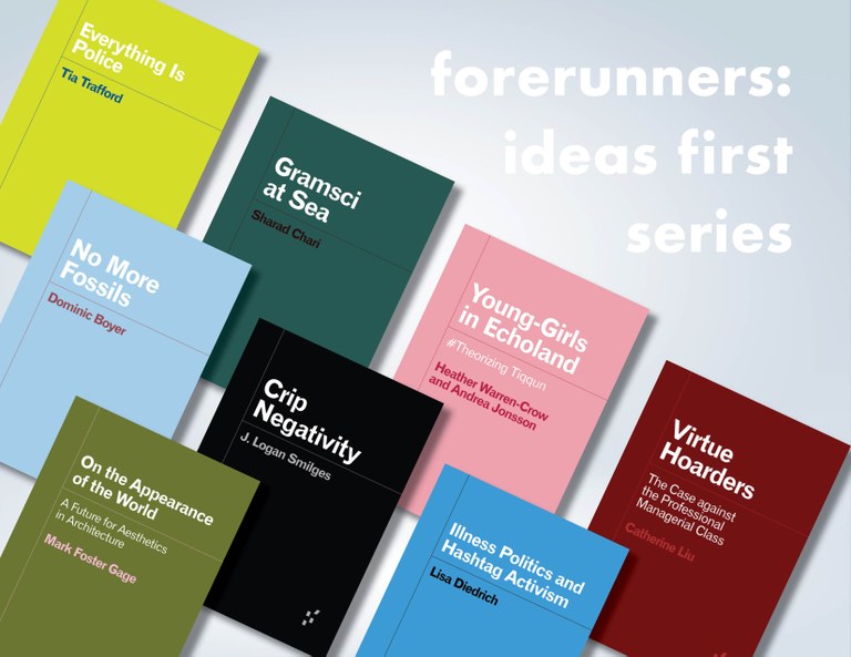 Radial gradient white/grey background with eight overlapping Forerunners book covers in fore. Text at top right: "forerunners: ideas first series"