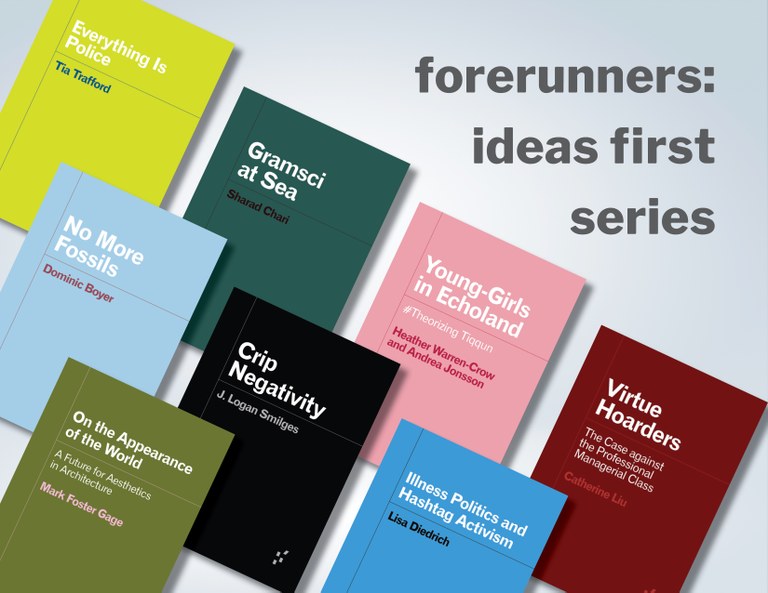 Radial gradient white/grey background with eight overlapping Forerunners book covers in fore. Text at top right: "forerunners: ideas first series"